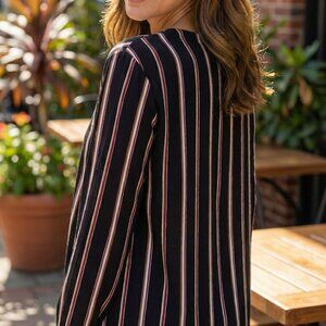 Black & Burgundy Vertical Stripe V-Neck Long Sleeve Blouse - Career Wear